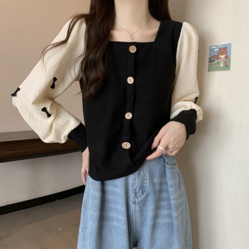 Large size French square collar retro long-sleeved shirt autumn top splicing design short slimming top