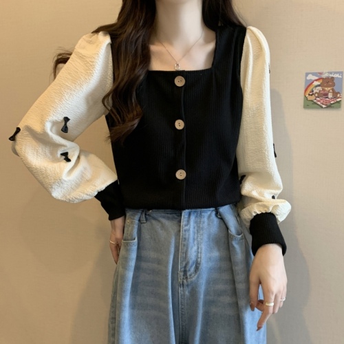 Large size French square collar retro long-sleeved shirt autumn top splicing design short slimming top