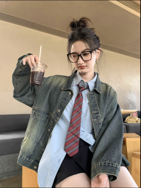 Hello Canon Retro Washed Distressed Denim Jacket Women's Autumn New Loose Slim Top