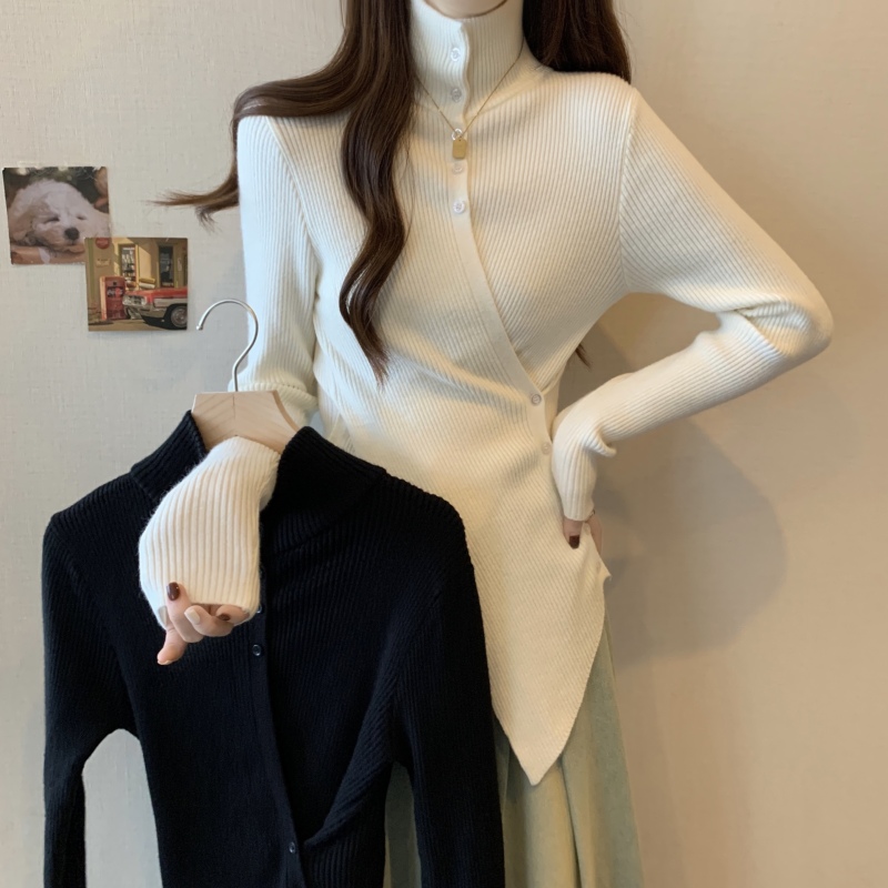 Cross waist slimming half-turtle collar long-sleeved sweater irregular personality slim bottoming sweater for women winter