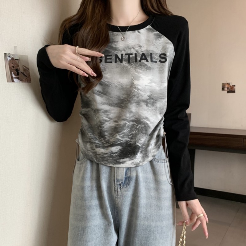 Plus size design niche women's autumn and winter slim letter printed long-sleeved T-shirt women's drawstring short bottoming shirt