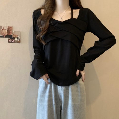 Large size square collar long-sleeved right shoulder T-shirt women's new autumn design slimming and flesh-covering top