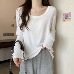 Fat MM plus size new right shoulder U-neck slimming long-sleeved T-shirt loose and versatile slimming bottoming top