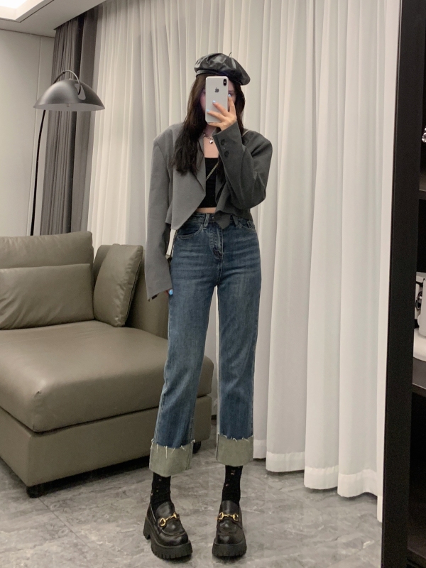 High-waist straight hem jeans for women in autumn new large size high street fashion nine-point cigarette pants
