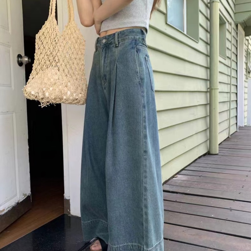 Hello Canon Retro Blue Wide-Brim Wide-Leg Jeans Women's Summer New Loose Slim Floor-Mopping Casual Pants