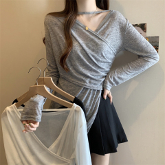 Large size irregular thin sunscreen T-shirt for fat women with pure desire design niche cross V-neck long sleeves