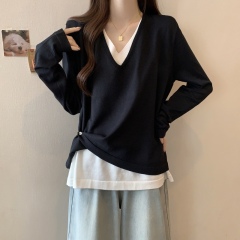 Large size autumn fake two-piece V-neck long-sleeved T-shirts for fat girls to cover their belly and look slimming knitted tops bottoming shirt