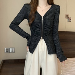 Autumn new Korean style niche temperament slimming pleated design V-neck zipper long-sleeved top for women