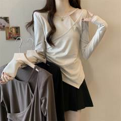 Large size Korean style fashionable careful machine collar fake two-piece irregular slimming solid color knitted long-sleeved tops
