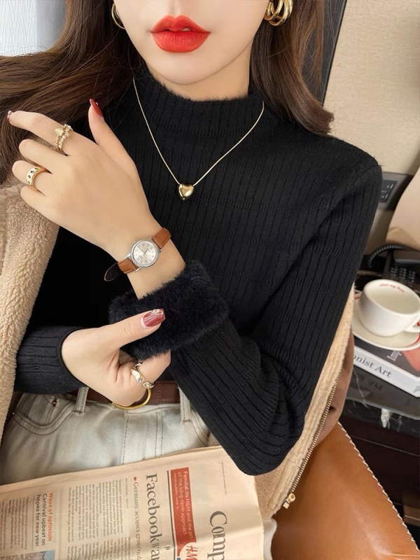 Sweater new style popular style plus velvet thickened bottoming sweater for women autumn and winter warm inner half turtleneck sweater