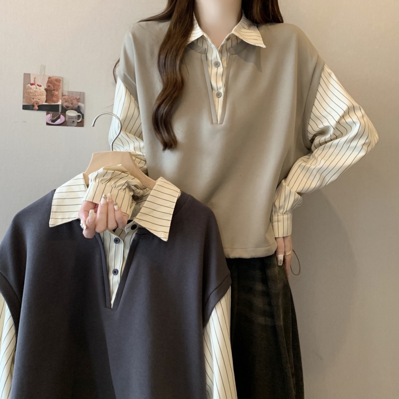 Plus size fat mm 2024 new fake two-piece shirt long-sleeved vest design stitching striped top