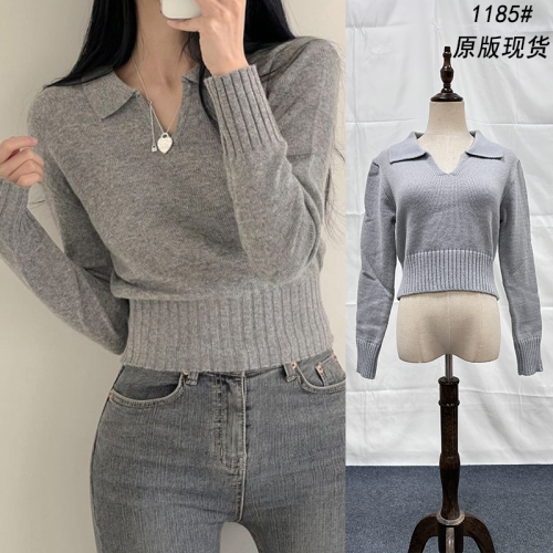 Ready stock ~ polo collar knitted bottoming shirt for women spring and autumn new sweater slimming Korean style versatile slim temperament top