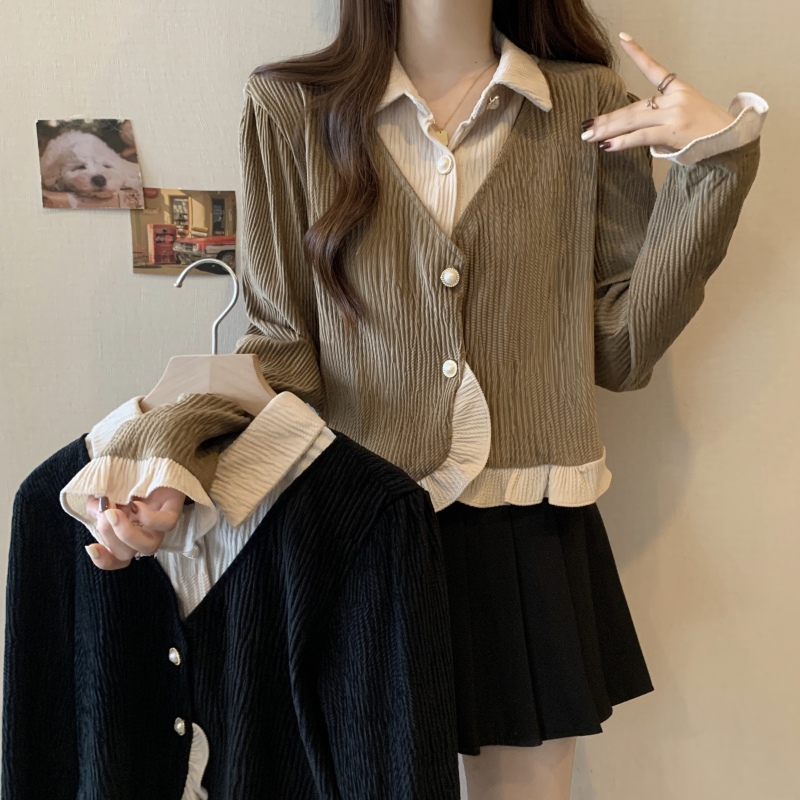 Fat mm plus size women's winter new style single-breasted shirt collar stitching fungus edge versatile fashionable top