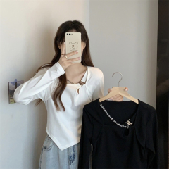 Large size design sense cross collar short irregular fake two piece chic T-shirt women's right shoulder sweet and spicy top