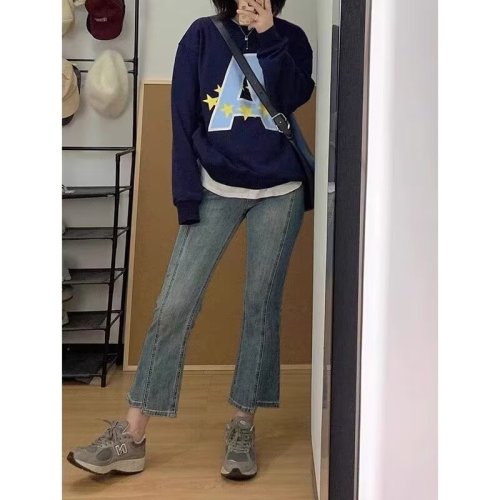 Large size S-5XL retro flared jeans for women in spring and autumn high-waisted and slim American high street bootleg pants