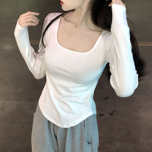 White square collar high-end slim fit T-shirt plus size women's autumn and winter new style top