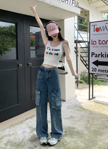 Summer New Workwear Jeans Women's American Retro High Waist Straight Wide Leg Floor-Mopping Pants