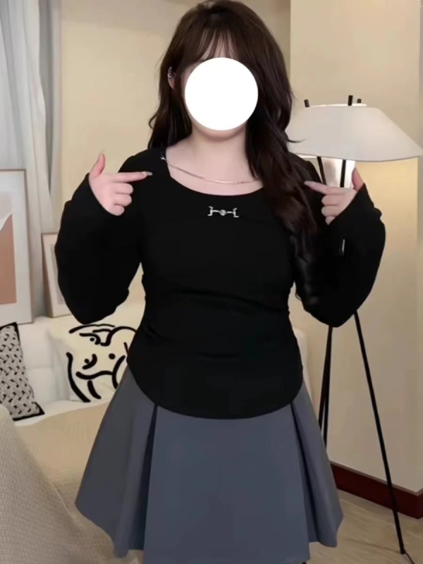 Large size pleated right shoulder long-sleeved T-shirt for women in autumn new style fat mm temperament inner bottoming shirt chic slimming top