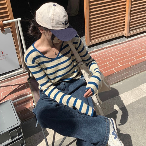 Large size V-neck striped sweater women's early autumn bottoming shirt design niche long-sleeved top