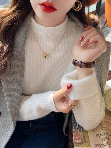 One-piece velvet plus velvet thickened high-end half-turtleneck sweater for women autumn and winter new bottoming shirt with inner top