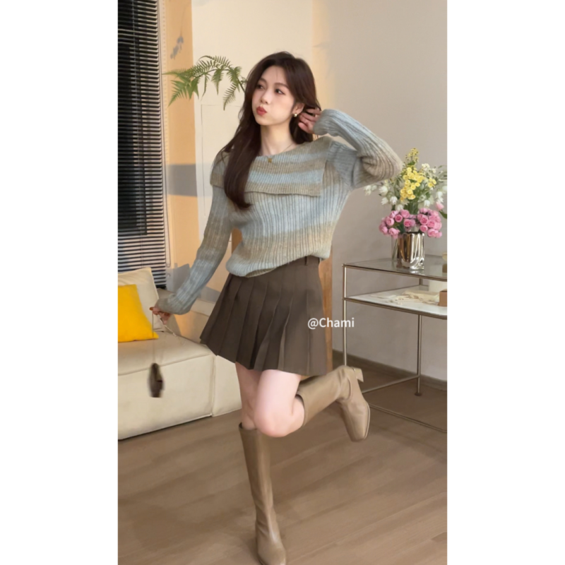 Reversed Itaewon Autumn Contrast Color Gradient Design Imitation Boat Neck Pullover Sweater