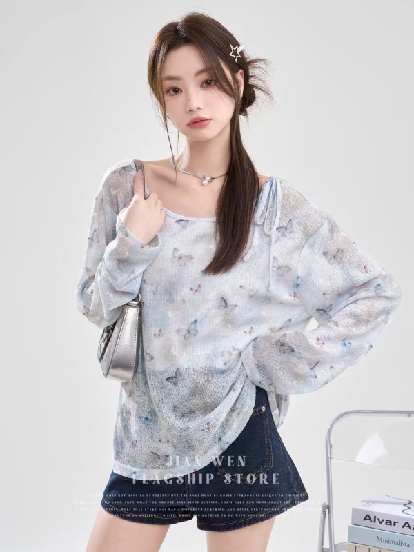 Side-strap butterfly print long-sleeved T-shirt for women summer new loose and chic sun protection top blouse