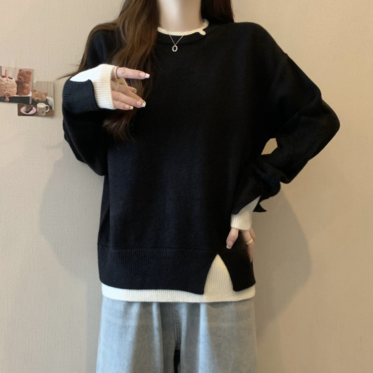 New autumn and winter large size fat girl sweater sweater Korean style loose slimming fake two-piece top