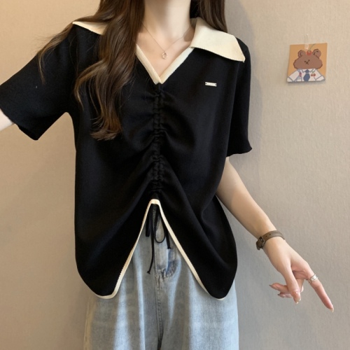 Large size fat mm design polo collar sweater slimming and covering the flesh irregular drawstring short-sleeved top