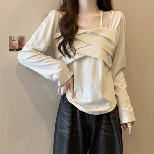 Large size square collar long-sleeved right shoulder T-shirt women's new autumn design slimming and flesh-covering top