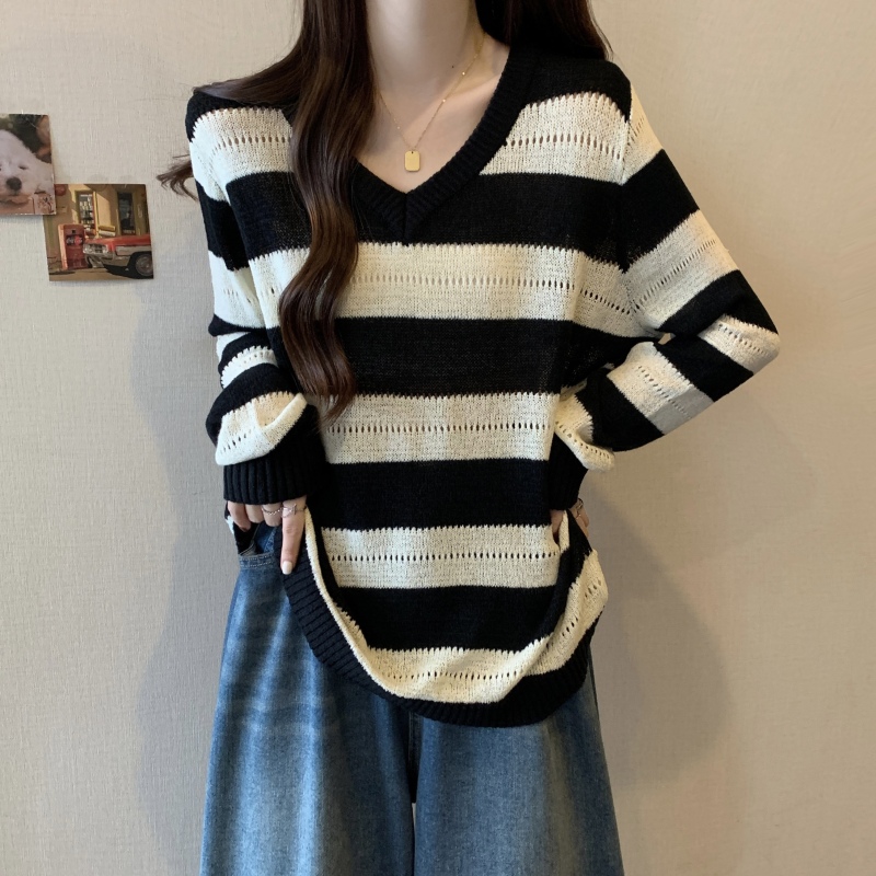 Fat girl large size autumn and winter lazy style V-neck striped sweater women's French loose slimming long-sleeved sweater