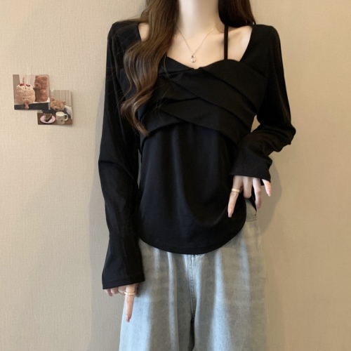 Large size square collar long-sleeved right shoulder T-shirt women's new autumn design slimming and flesh-covering top