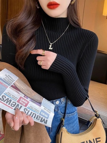 Sweater women's new winter half turtleneck knitted bottoming sweater with white western style top inside autumn and winter