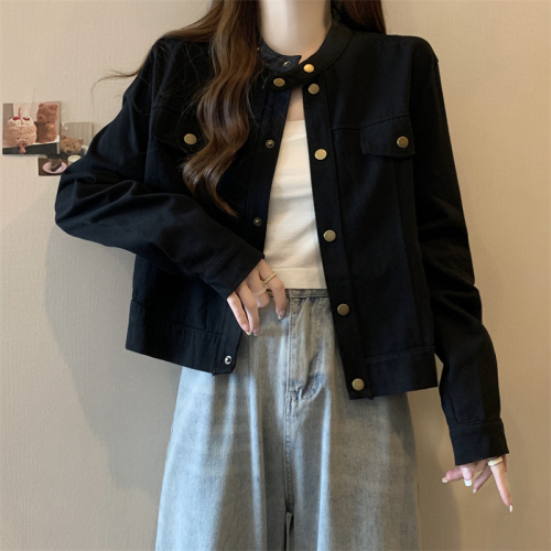 Large size stand collar brown coat women's short style small autumn new retro jacket brown