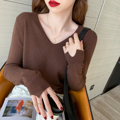 Bottoming shirt for women in spring and autumn, long-sleeved spring clothing, new style, thin style, popular online knitted v-neck top