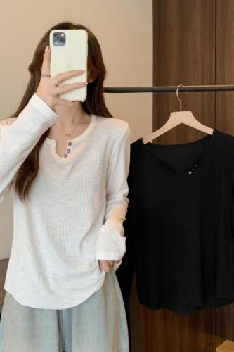 Plus size women's clothing niche design simple long-sleeved bottoming shirt versatile round neck slimming T-shirt