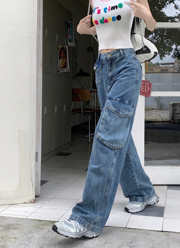 Summer New Workwear Jeans Women's American Retro High Waist Straight Wide Leg Floor-Mopping Pants