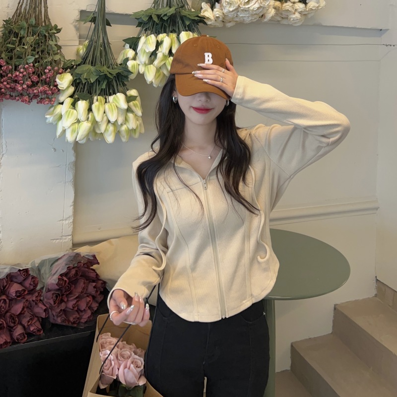 Large size hooded knitted cardigan women's spring and autumn new irregular zipper short coat fat mm slimming top