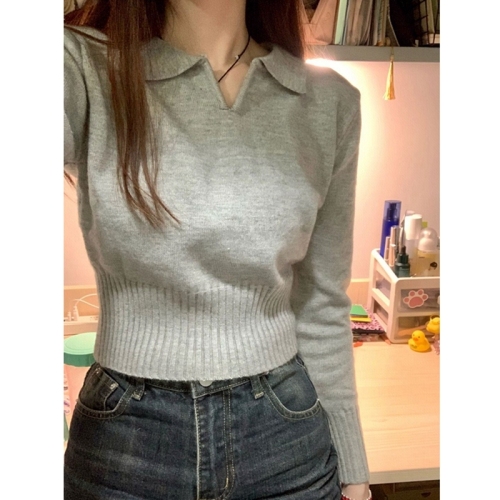 Ready stock ~ polo collar knitted bottoming shirt for women spring and autumn new sweater slimming Korean style versatile slim temperament top