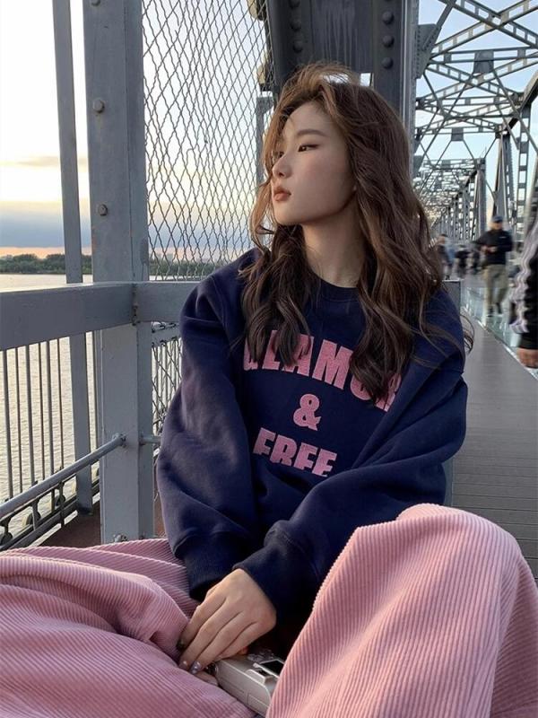 Chinese cotton composite autumn and winter Korean style velvet pullover sweatshirt for women cartoon printed casual loose large size top