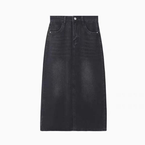 Large size black and gray denim skirt women's new pear-shaped figure covering the crotch and slimming slit mid-length A-line skirt