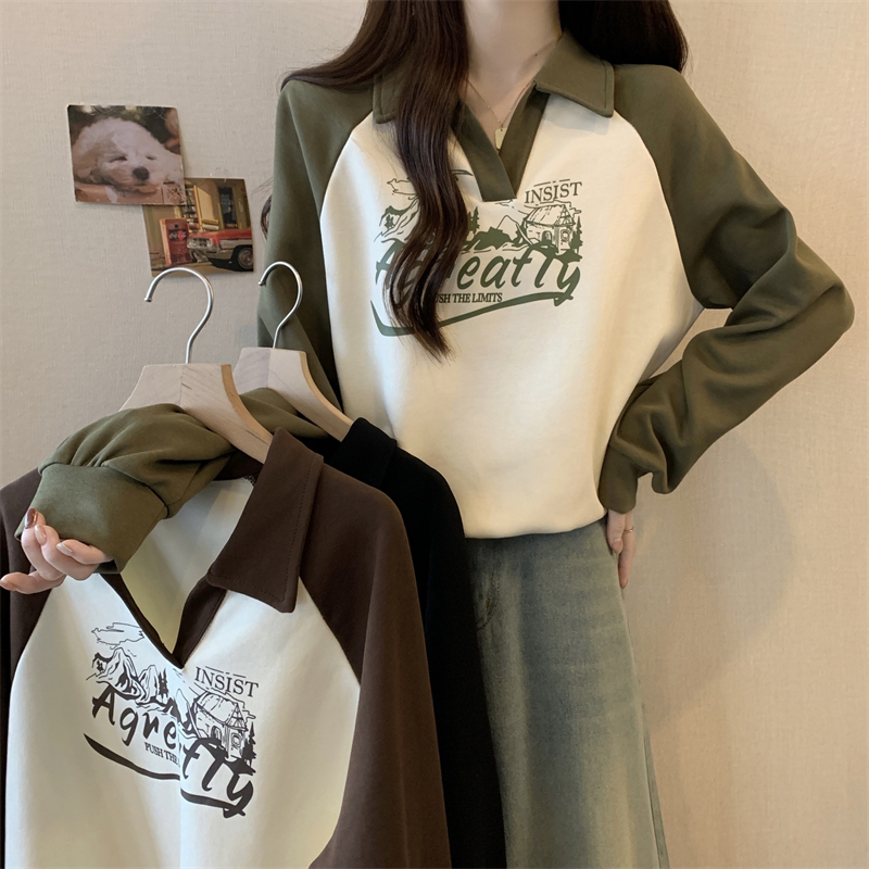 Plus size fat girl loose lazy style polo collar sweatshirt slimming contrast top