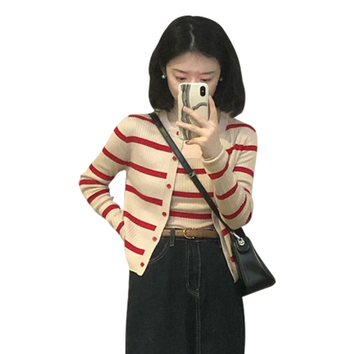 Unique and chic small top for autumn new style gentle temperament casual striped knitted cardigan sweater jacket for women