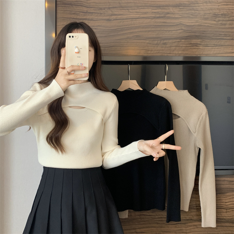 New autumn and winter large size fat girl careful wear hollow knitted long-sleeved sweater inside the machine