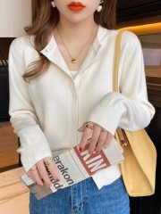 Plum pink knitted cardigan women's spring new style loose soft waxy inner layering shirt thin sweater jacket