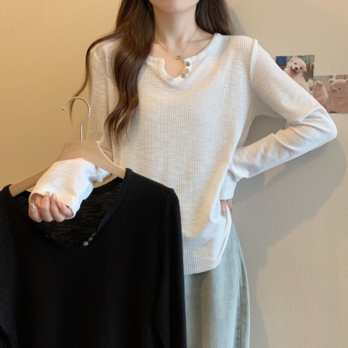 Plus size women's clothing niche design simple long-sleeved bottoming shirt versatile round neck slimming T-shirt