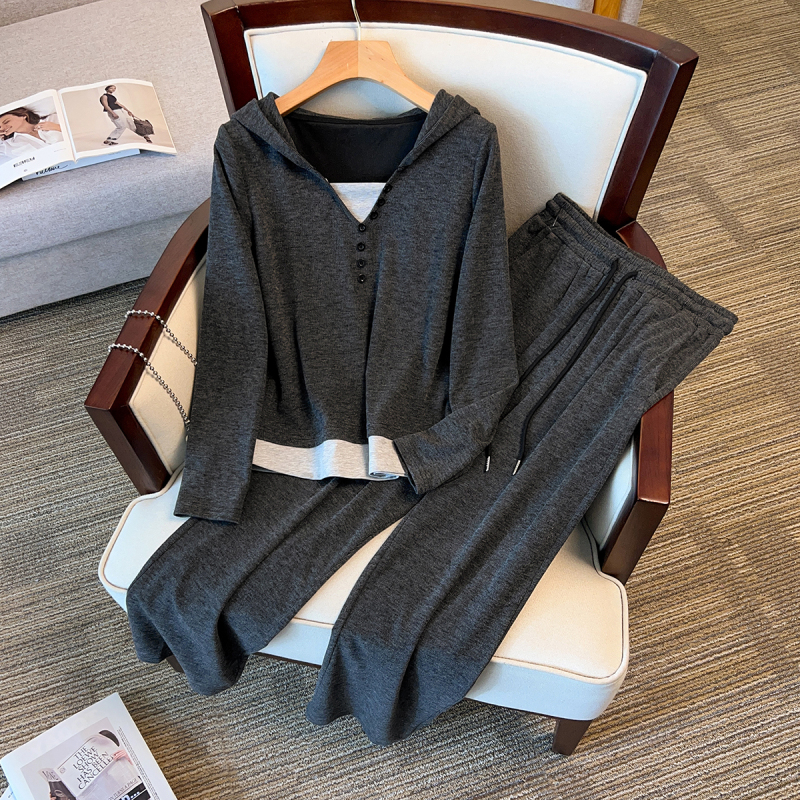 2024 new autumn clothing for fat mm casual slimming age lazy style fake two-piece tops wide-leg pants two-piece set