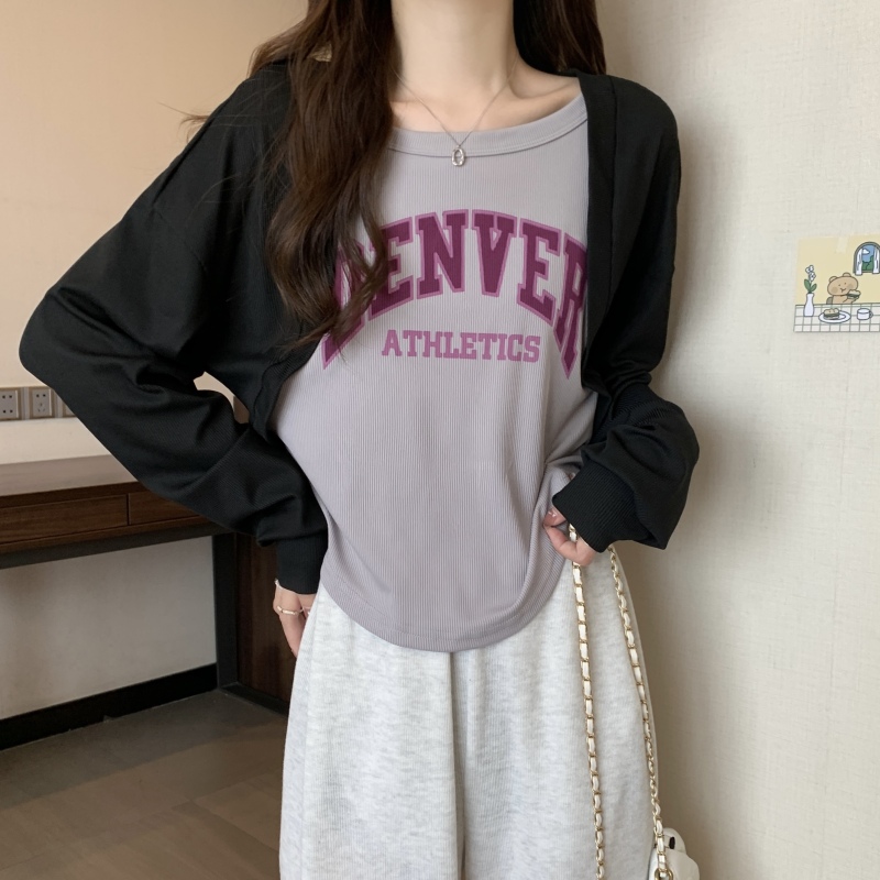 Large size fake two-piece American retro printed t-shirt for women ins trendy design versatile long-sleeved top
