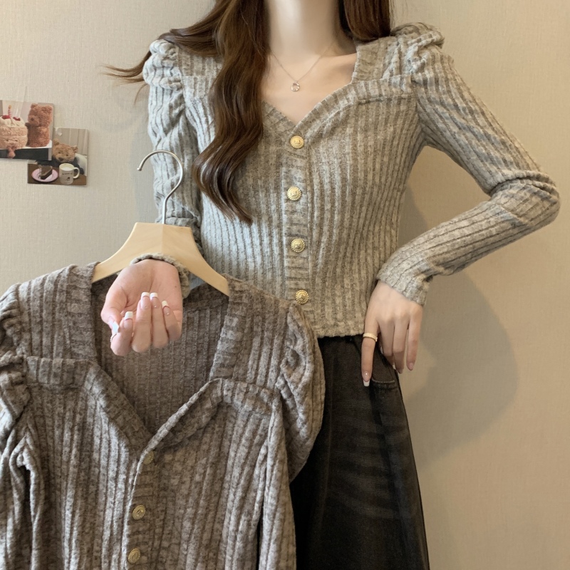 New autumn and winter large size fat MM short square neck puff long sleeve unique top design niche t-shirt