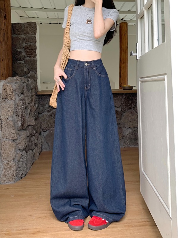 Small retro dark blue wide-leg jeans for women, loose slimming straight pants, drapey floor-length trousers