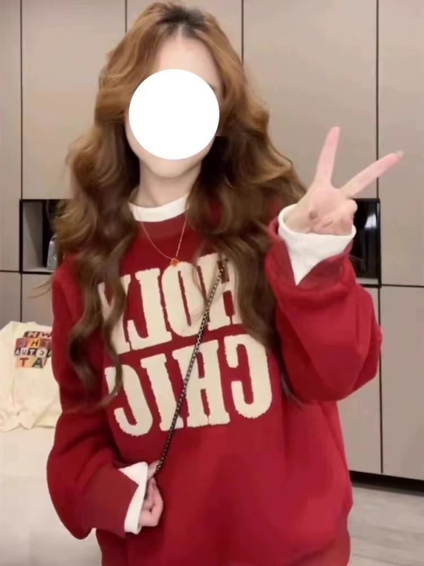Large size women's velvet thickened round neck contrasting sweatshirt 2024 new hot style autumn and winter loose red top jacket